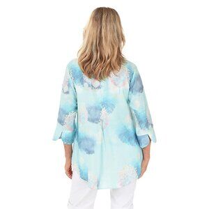 Shana Size Medium Fairy Tale Trees Button Up Aqua Blue Long Sleeve Coastal Shirt